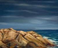 Full view of oil painting showing rocky coast, sea, and sky