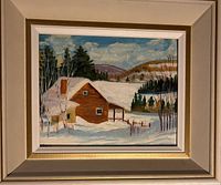 Full view of framed painting showing winter scene