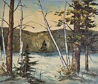 Full view of signed winter landscape oil painting on canvas