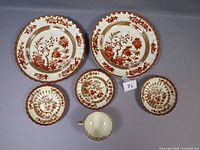 Two dinner plates, three saucers and one teacup showing pattern and condition