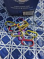 Close-up of several coloured carabiners on surface
