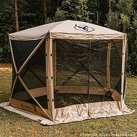 Gazelle G5 gazebo fully assembled, exterior view showing mesh walls and floor flaps