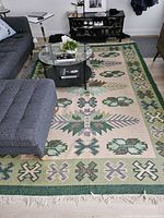 Full view of rug in room showing overall design, border, and fringe