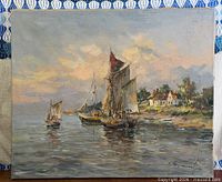 Front view of the unframed oil painting showing harbor scene and signature