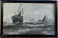 Full view of framed monochrome maritime watercolour