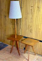 Full view of teak floor lamp with built-in table and matching end table