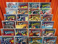 Front view showing all bagged Superman comics displayed on rack