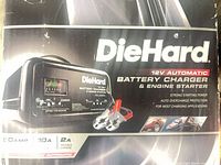 Retail box image showing DieHard 12V automatic battery charger & engine starter