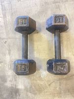 Pair of 15 lb cast iron hex dumbbells top view