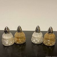 Front view of four glass shakers with metal tops