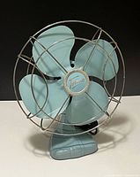 Front view of aqua Torcan desk fan with wire cage and four blades
