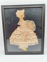 Full view of framed ribbon and lace silhouette art