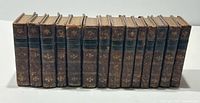 Spine view of all 14 miniature leather bound books standing in a row