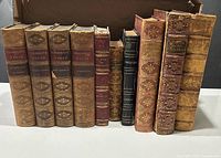 Front view showing all ten leather bound books with gilt tooling