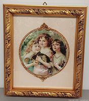 Full view of framed porcelain plaque showing image, mat and frame