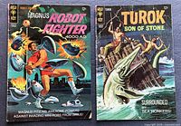 Front covers of Magnus Robot Fighter #17 and Turok Son of Stone #60 showing ink writing and overall cover condition
