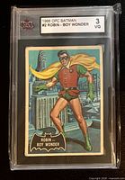 Front of KSA-slabbed 1966 OPC Batman card #2 showing image of Robin and grade label 3 VG