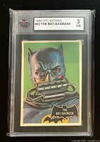Front of 1966 OPC Batman Card #43 The Bat-Gasmask in KSA slab graded 3 VG