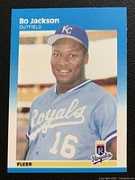 Front of Bo Jackson 1987 Fleer rookie card showing image, borders, player name, position, team logo, card number absent on front