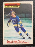 Front of Garry Unger O-Pee-Chee Highlights card showing player image and headline