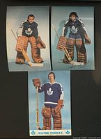 front view of three postcards showing goaltenders Gord McRae, Doug Favell, Wayne Thomas