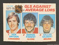 Front of 1978-79 OPC card #68 showing portraits of Ken Dryden, Bernie Parent, Gilles Gilbert