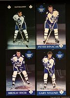 Fronts of four Toronto Maple Leafs player postcards arranged in grid showing Dan Maloney, Peter Ihnacak, Miroslav Frycer, Gary Nylund