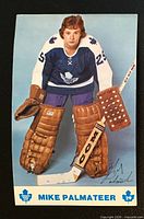 Front of postcard with color image of Mike Palmateer, printed autograph and team logo