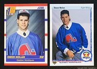 Fronts of 1990-91 Score #435 and Upper Deck #352 Owen Nolan rookie cards