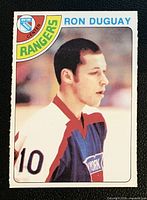 Front view of Ron Duguay rookie card showing image, team banner and card edges