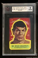 Front of encapsulated 1976 Topps Star Trek Mr. Spock-Unearthly! sticker showing portrait and grade label