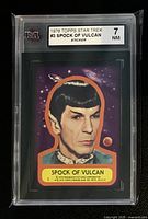 Front of slabbed 1976 Topps Star Trek Spock sticker showing grade label and artwork