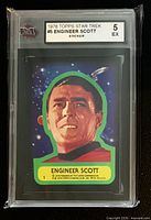 Front of graded 1976 Topps Star Trek #5 Engineer Scott sticker showing portrait and grade label