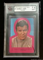 Front of graded Topps Star Trek #7 James T. Kirk sticker card showing grade label 7.5 NM+