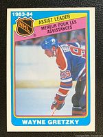 Front of 1984-85 O-Pee-Chee Wayne Gretzky #382 Assist Leader card