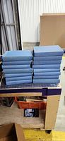 Two stacks of uniform blue hardcover volumes