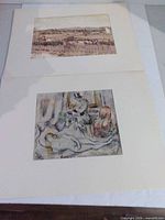 Two matted prints stacked: top landscape (Van Gogh), lower figure scene (Cézanne)