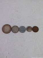 Five coins aligned by size