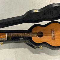 Ukulele inside open black hardshell case full view