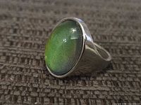 front view of ring showing green hue of mood stone