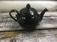 Top view of black teapot showing lid and handle