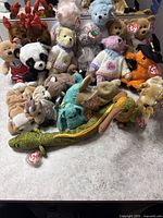 Group shot of twenty Ty Beanie Babies piled on table