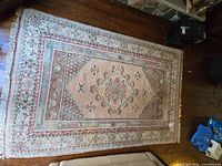 Full view of rectangular rug showing pattern, fringe and overall condition