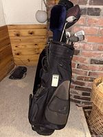 Full view of black golf bag standing upright