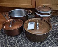 Group shot of all pots and lids on carpet