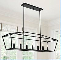 Stock-style image showing front view of rectangular black metal chandelier with six bulbs