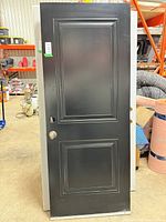 Full front view of black metal door showing 2-panel design