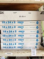 Stacked Aerostar boxes 18x24x2 and one HDX 20x25x4 filter box visible