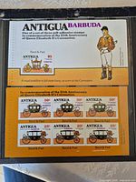 Front of booklet page showing Antigua Barbuda title, Royal Guard image, and pane of self-adhesive carriage stamps