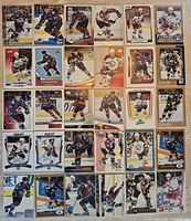 Front view of 30 different Chris Drury hockey cards arranged 5×6 grid